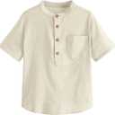 Inorin Boys Button Up Henley Shirt Short Sleeve Lightweight Summer Linen Cotton Dress Shirts Tees Tops with One Pocket (5-6 Years, Beige)