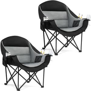 Oversized Camping Chair for Adults - Heavy Duty Outdoor Padded Large Lawn Camp Chair with Cup Holder Cooler Pockets for Sports Beach Fishing Garden Portable Supports 500lbs, Black/Grey 2 Pack