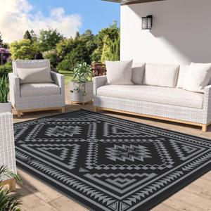 GENIMO Outdoor Rug for Patio Clearance - 9x12 ft Waterproof Plastic Camping Rugs, Reversible Outside Rv Mat Carpet for Porch, Deck, Picnic, Balcony, Beach, Backyard, Black Grey