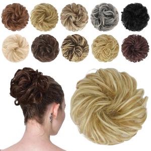 FESHFEN Messy Bun Hair Piece - Wavy Synthetic Chignon Scrunchies for Instant Volume, Elastic Bun Ponytail Hair Extensions Thick Hairpieces for Women, Lightest Ash Brown & Bleach Blonde 1.50 oz