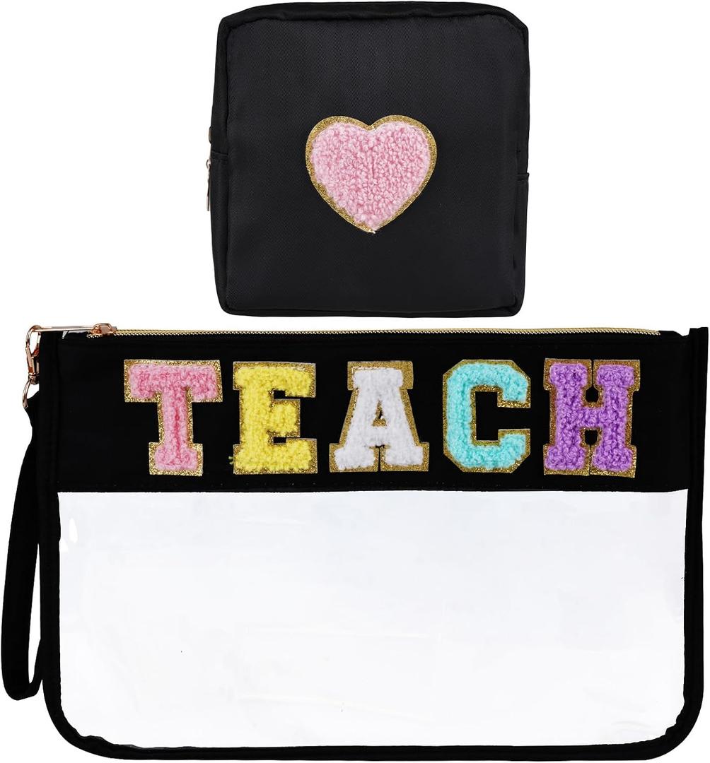 2Pcs Chenille Letter Bags, Clear Makeup Bag Cosmetic Pouch with Zipper, Multi-purpose Nylon Travel Toiletry Storage Bag for Women Girls (Black-Teach)