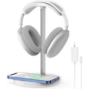 Headphone Stand with Wireless Charger, Gaming Headset Holder Hanger Rack 2 IN 1 Wireless Charging Station Dock for iPhone 15/14/13/12/11 Series, Samsung, AirPods Pro/3/2 and Desk All Headphones, White (B-White)