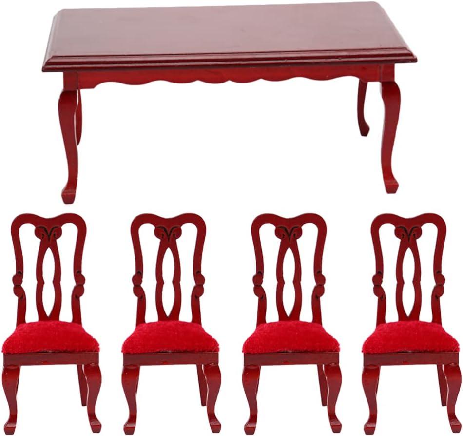 Vintage Dollhouse Furniture Miniature Table and Chairs Set 1/12 Scale Accessories Wood Mini Victorian Dining Chair Set Red Kitchen Decorations Model