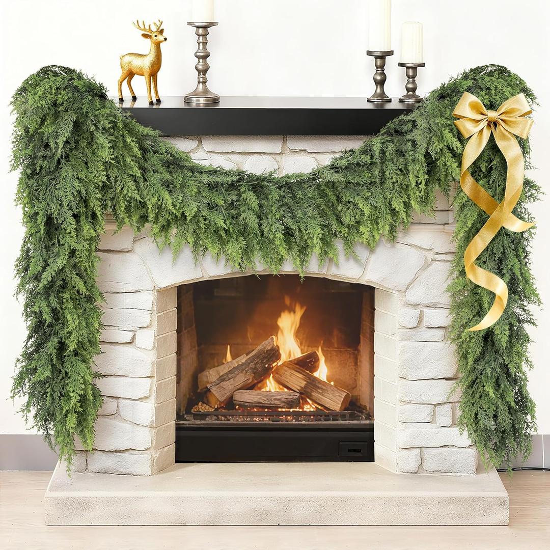 Christmas Garland Real Touch Cedar Garland Christmas Decorations 9 ft Soft and Lush Realistic Faux Pine Garlands for Mantle, Table, Stairs, Doorframe, Fireplace Indoor Outdoor Holiday Decorations
