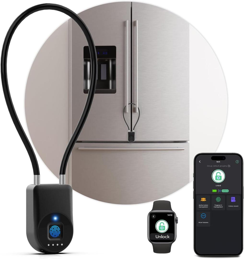 Fingerprint Cable Lock, Fridge Locks with Fingerprint Bluetooth APP Control, Smart Biometric Waterproof Child-Proof Refrigerator Lock for Kids & Adults Fridge French Door Cabinet Gate