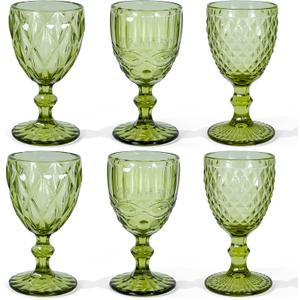 Vintage Wine Glasses Set of 6, 12 OZ Colored Glass Water Goblets, Embossed Floral Decorative Crystal Glass Cups Set, Dishwasher Safe, for Wedding, Party, Red Wine Glass, Bars, Restaurants