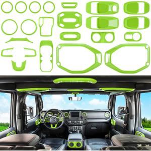 23PCS Full Set Interior Decoration Trim Kit for Jeep Wrangler JL JLU Gladiator JT 2018-2023 Steering Wheel Door Handle Air Conditioning Vent Cup Holder Reading Light Headlight Gear Cover (Green)