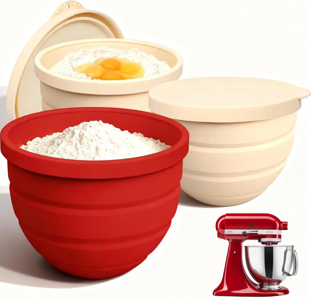 Silicone Bowl Insert for Kitchen Aid 5 Qt Tilt-Head - Patented Design Bowl Liner, 3pack with Lids, Resistant to collapse Thicker Bowl Insert, Foldable, Heat/Cold Resistant (Red*Beige*Beige)