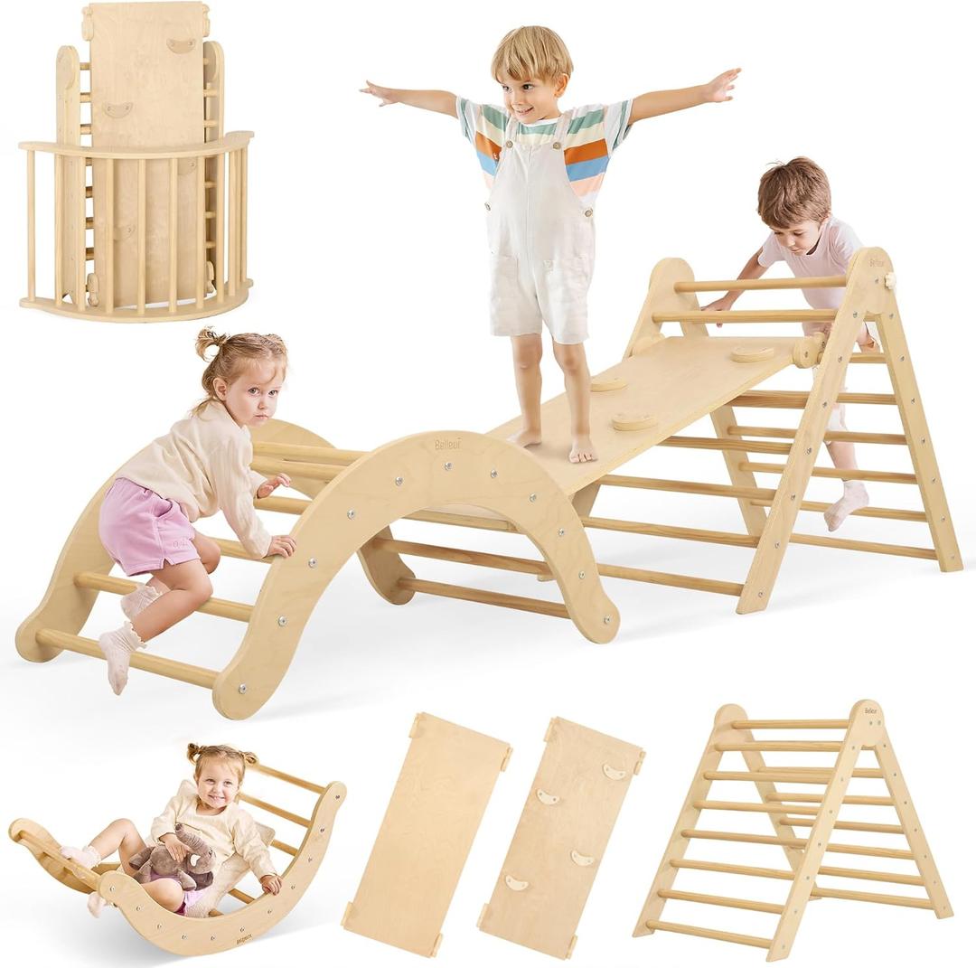 7-in-1 Climbing Toys for Toddlers 1-3 Inside, Foldable Wooden Montessori Climbing Set Indoor, Pikler Triangle Set with Arch, Ramp & Ladder - Natural