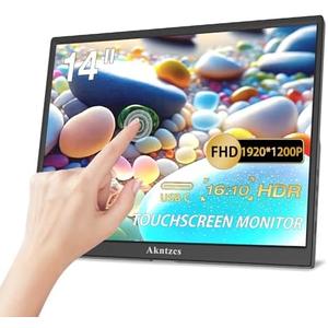 Akntzcs Portable Monitor - 14" FHD 1920x1200P USBC Portable Touchscreen IPS Display, USB Type-C HDMI HDR External Monitor for Laptop/PC/Mac/Phone/Xbox, Built-in Kickstand & Speakers