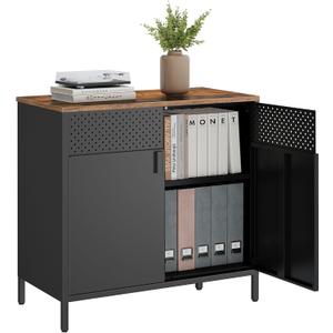 SONGMICS Storage Cabinet, Metal Cabinet, Sideboard with 2 Doors, 15.7 x 31.5 x 29.9 Inches, Magnetic Closure, Adjustable Shelf, Steel Frame, Rustic Brown and Black ULSC102B01
