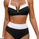 RoseSeek Women's 2 Piece Ribbed Knit Bikini Sets Cut Out Front Contrast Color Swimsuit Elegant Beachwear (M)