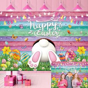 Happy Easter Backdrop Colorful Wood Wall Easter Bunny Colorful Eggs Photography Background Spring Baby Shower Newborn Kids Birthday Party Decor Photo Shoot Props 8x6FT