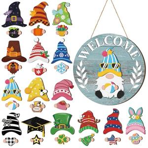Qunclay Interchangeable Wooden Gnome Decor Holiday Seasonal Gnome Decorations with Magnet Pieces and Detachable Hats Changeable Welcome Sign for Home(Blue Style)