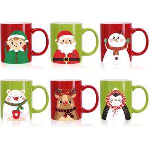 Whaline 6Pcs Christmas Mug Set 12oz Santa Claus Snowman Reindeer Penguin Xmas Coffee Mug Red Green Christmas Ceramic Mugs for Home School Office Table Centerpieces Housewarming Gift