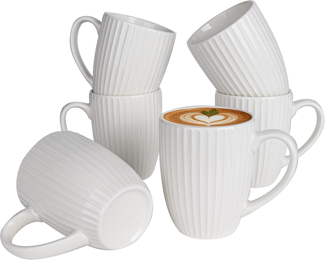 14oz Ceramic White Coffee Mugs Set Of 6 - Porcelain Coffee Mugs Set - Cups For Latte, Hot Tea, Cappuccino, Mocha, Cocoa, White