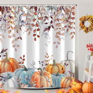 Fall Shower Curtains for Bathroom, Thanksgiving Pumpkins Autumn Leaves Shower Curtain Set with Hooks, Blue Orange Waterproof Fabric Fall Bathroom Decor Accessories, 72 x 72 Inch