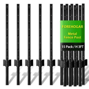 FOREHOGAR Metal Fence Post 3 Feet Black, Pack of 15, T Posts for Wire Fence, No Dig Steel U Posts Fencing for Lawn Garden Wire Mesh Fence Poles Sign Outdoor Light Duty