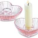 3'' Pink Glass Candlestick Holders, Set of 2 Heart Shaped Candle Holders for Christmas, Wedding, Party, Decoration and Dining