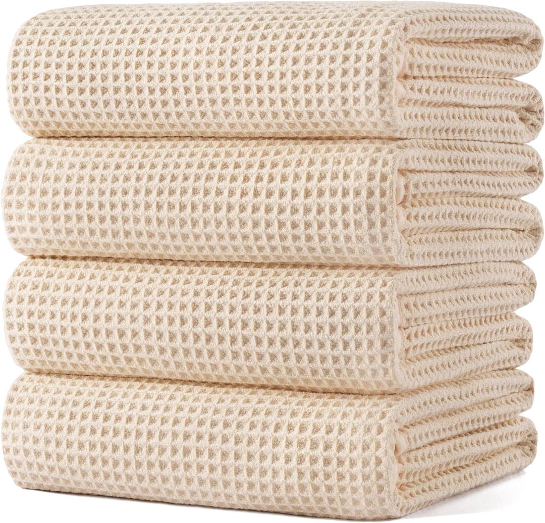 POLYTE Microfiber Oversize Quick Dry Lint Free Bath Towel, 60 x 30 in, 4 Pack (Waffle Weave) (Light Beige)