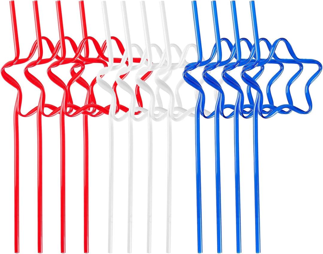 Quera 30 pcs Star Crazy straws 4th of JULY Red White Blue Silly Straws Patriotic Loop Straws Reusable BPA-Free Plastic Drinking Straws Silly Colorful Drinking Straws for Kids Birthday Party Supplies
