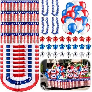 Anglechic 132 Pcs 4th of July Patriotic Float Decorations Metallic Stars & Stripes Fringe Banner with Patriotic Tinsel Garland and Red White Blue Star Balloon Latex Balloon for Independence Day Party