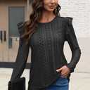 Women Eyelet Tops Casual Ruffle Long Sleeve Shirts Crew Neck Lace Embroidered Blouses Fall Outfits 2025 (Black)