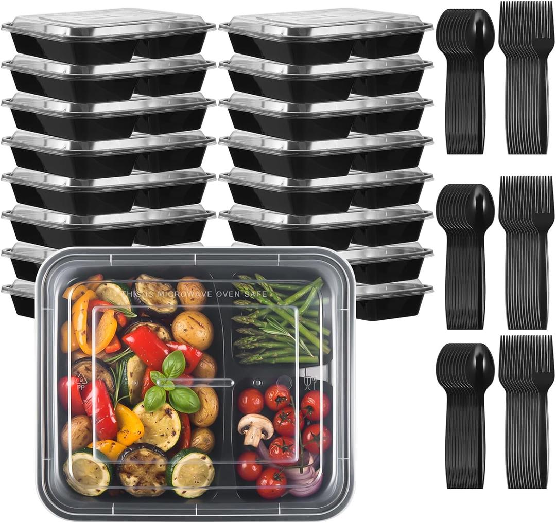 Tanlade 20 Pcs 28 oz 3 Compartment Meal Prep Food Containers with Lids, Disposable Plastic Bento Boxes with 20 Sets Forks and Spoons, Sturdy Leakproof for Microwave-safe Heating Take out(Black)