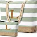 Becokan Beach Bag Initial Beach Tote with Makeup Bag for Travel Work Storage Personalized Birthday Gifts for Women Her (Light Green)