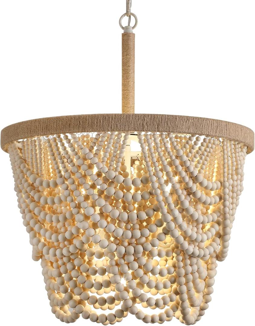 Q&S Boho Wood Beaded Chandelier,Farmhouse Coastal Large Bohemia 5 Lights for Dining Room Kitchen Living Room Entryway Foyer Hotel W19.9 UL Listed, 5 Lights 20IN
