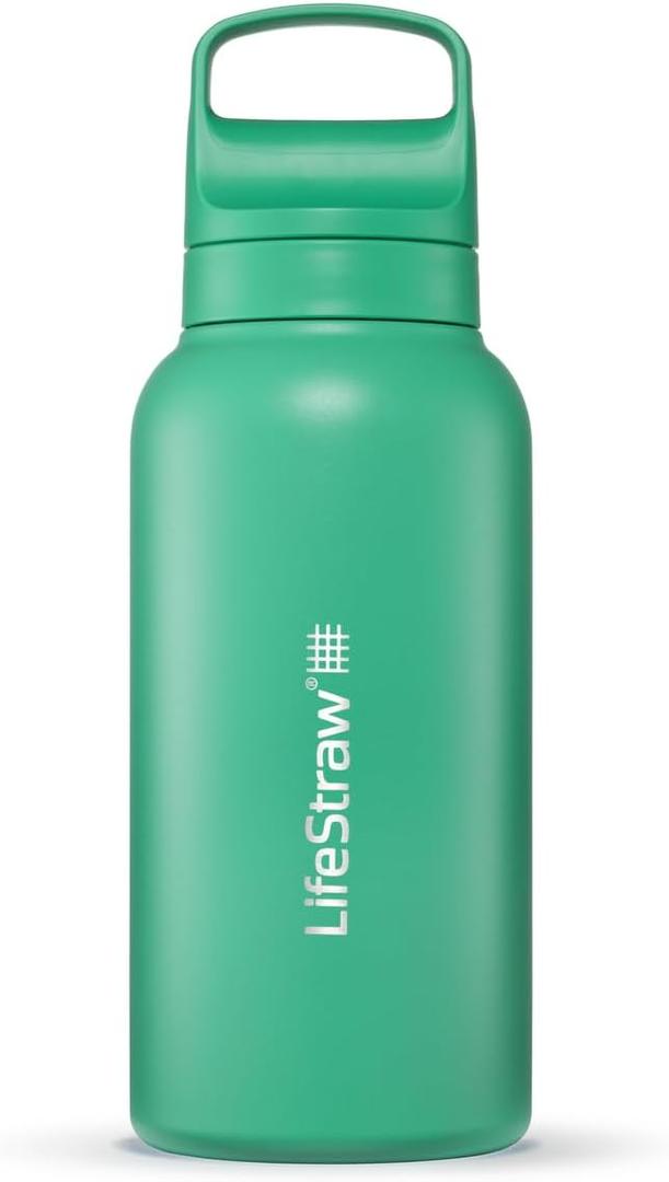 LifeStraw Go Series  Insulated Stainless Steel Water Filter Bottle for Travel and Everyday Use, Removes Bacteria, Parasites and Microplastics, Improves Taste, 1L Cactus Green