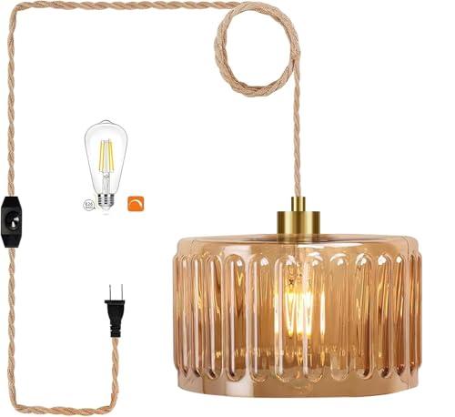 QIYIZM Plug in Pendant Light Hanging Lights with in Cord Mid Century Modern Gold Hanging Lamp Flower Glass Amber Vintage Dimmable Chandelier Ceiling Fixture for Living Room,Kitchen,Boho