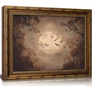Vintage Gold Framed Dark Academia Wall Art, Moody Night Sky Moon Bat Canvas Print, Gothic Halloween Picture Wall Decor, Fall Aesthetic Artwork for Living Room Bedroom, 24"L x 16"W