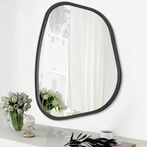 Black Asymmetrical Wall Mirror Large 20"x16" Irregular Oval Mirror Modern Wood Frame Unique Shape Wall Mounted Vanity Artistic Mirrors Decorative for Living Room Bedroom Bathroom Hallway