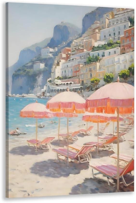 Vintage Pink Beach Umbrella Wall Art Posters Summer Beach Canvas Amalfi Coast Italy Landscape Minimalist Preppy Prints Painting For Home Bedroom Dorm Decor 8x12inch Framed (style-4)