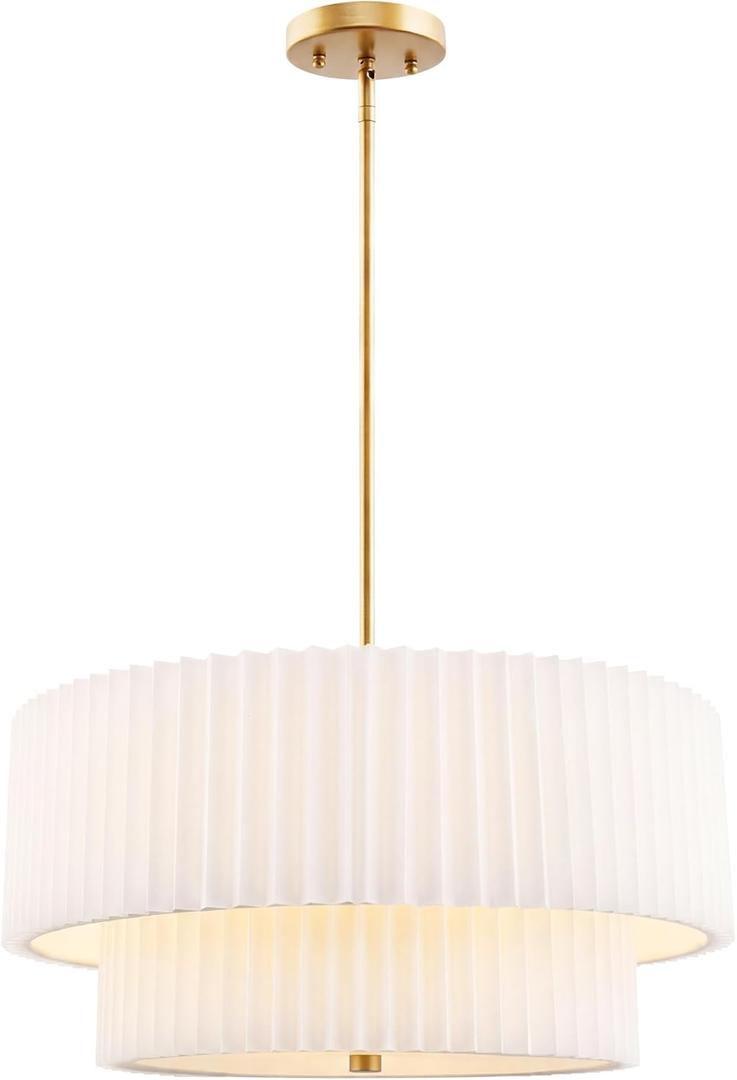 18" Double Drum Chandelier, 3-Light Gold Pendant Light Fixtures with Dual Layer Pleated Fabric Shade, Modern Chandeliers for Dining Room Kitchen Living Room Bedroom Hallway, AD-25036-3P-GD