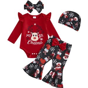 My First Christmas Baby Girl Outfits Elk Print Long Sleeves Romper Flared Pants Sets Baby Girl Christmas Outfits (0-3 Months)