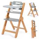 Ezebaby Wooden High Chair Grow with Your Child, Foldable Baby High Chair with Adjustable Seat and Footrest Heights, High Chair for Babies and Toddlers with Cushion and Large Double Layer Tray(Grey)