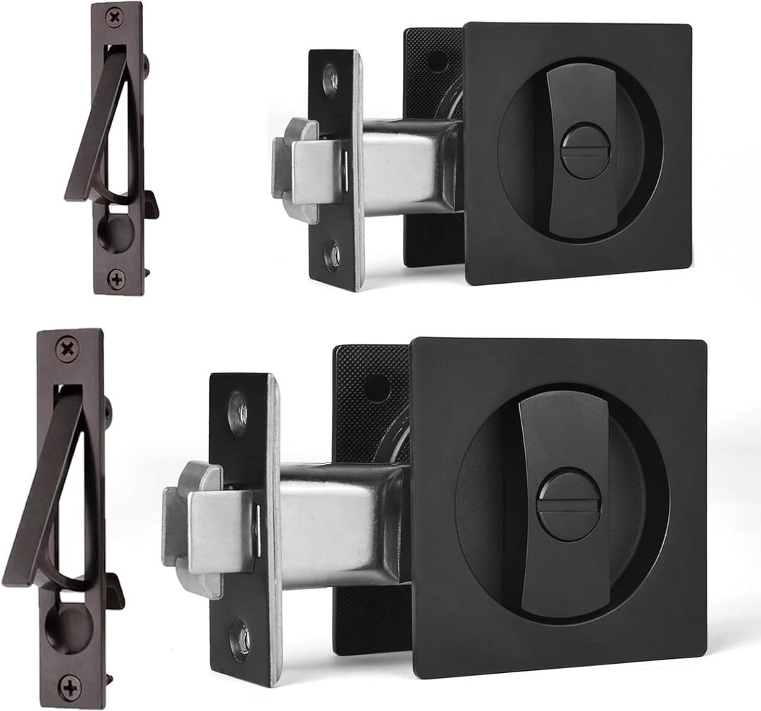 Dontay 2 Pack Pocket Door Privacy Lock, Flush Handles, 2-3/8" Backset, (Bed/Bath) Latch, Recessed Knob, Hardware for 1 3/8 to 2 3/16 Thickness Door (Including Edge Pull, Matte Black, Square)