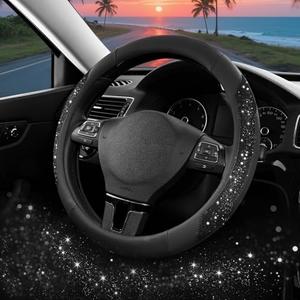 PIC AUTO Steering Wheel Cover, Black Sparkly Crystal Bling Glitter with Leather, Universal Fit 14.5"-15.5" Car Steering Wheels for Girls & Women, Anti-Slip Wheels Cover for Cars, Trucks, Van, SUVs
