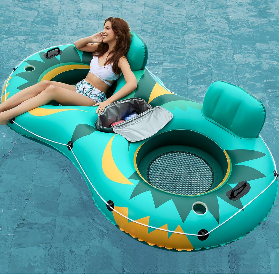 Jasonwell Inflatable River Tube Float - 2 Person Heavy Duty River Float Pool Floats with Removable Cooler Lake Water Tubes for Floating River Raft Lounge Floatie with 2 Cup Holders for Adults (Green)