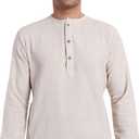 SKAVIJ Mens Handloom Cotton Kurta Long Sleeve Henley Shirt Crewneck Casual T-Shirts (Beige, L)