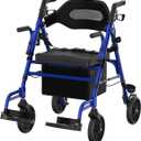 Walkers for Seniors with Seat, Extra Wide 2 in 1 Rollator Walker & Transport Chair with Reversible Backrest & Detachable Footrests, Foldable Wheelchair Combo with 8" Anti-Slip PU Wheels, Blue