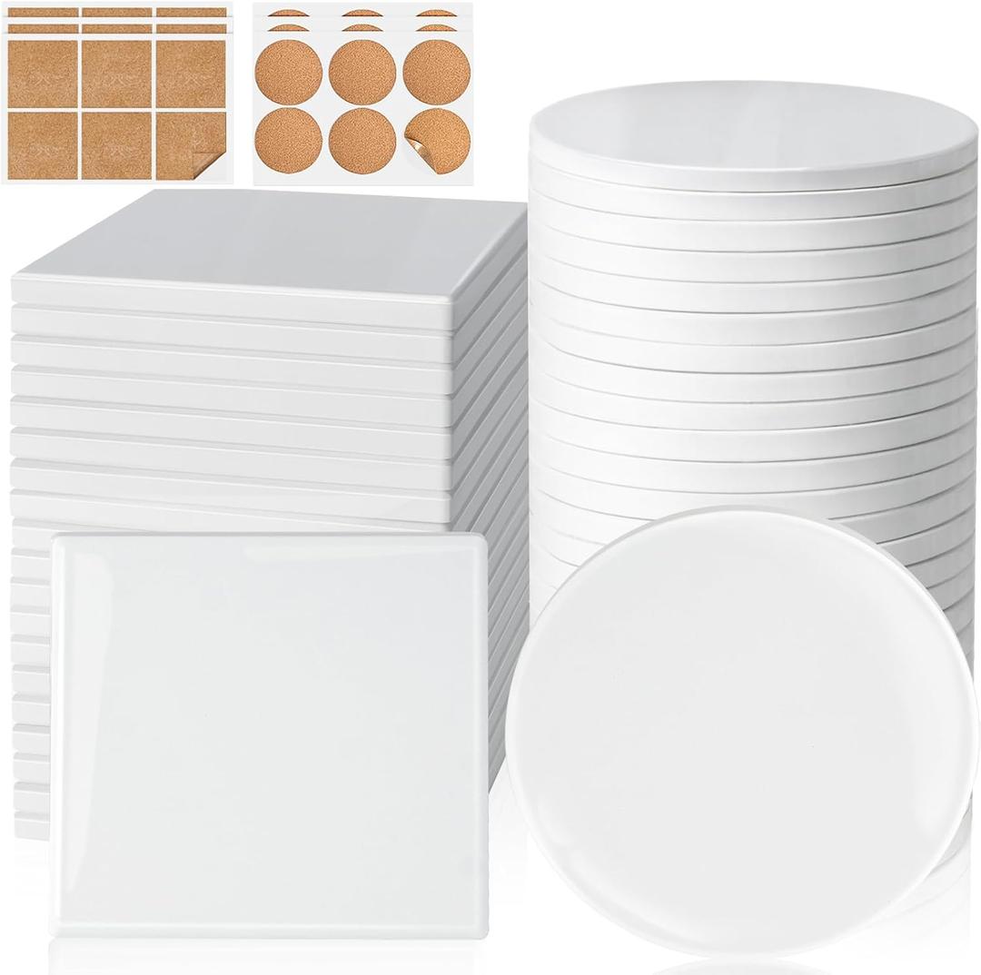 36 Pieces Sublimation Coasters, GOH DODD Glossy Ceramic Tiles Glazed Blanks with Cork for DIY Alcohol Ink Heat Transfer Painting Housewarming Gifts Wedding Arts Crafts School Education, 4 Inch