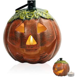 Cast Iron Jack O Lantern Candle Holder, Lighted Pumpkin Decor for Outside, Faux Pumpkin Lantern for Porch, Patio & Tabletop Halloween Decoration