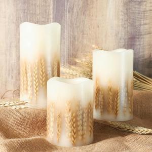 3 Pack Wheat Flickering Candles, Fall Decor Flameless Candles, Farm House Realistic Pillar Candle with Remote&Timer for Havest Celebration,Fall Decor, Home, Party