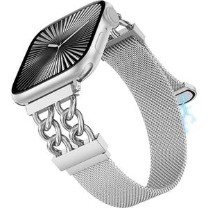Metal Magnetic Band Compatible with Apple Watch Bands Women, Dressy Designer Stainless Steel Chain Mesh Loop Strap for iWatch, 38/40/41/42mm(Series 11 10) Silver