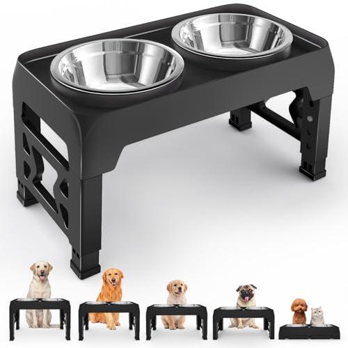 Moserein Elevated Dog Bowls for Medium Large Dogs - 5 Height Adjustable Mess Proof Raised Bowl Stand with 2 44oz Stainless Steel Food Bowls Dish Set Adjusts to 3.54’’-12.13’’ Non-Slip Black