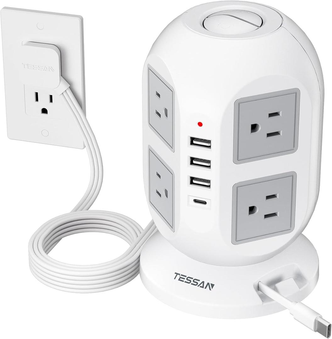 Tower Surge Protector Power Strip 10 ft, Long Flat Extension Cord with Multiple Outlets, 8 AC Outlets with 4 USB Ports, 1 Built-in USB Cable, Charging Station with Surge Protection, for Home Office (Grey)