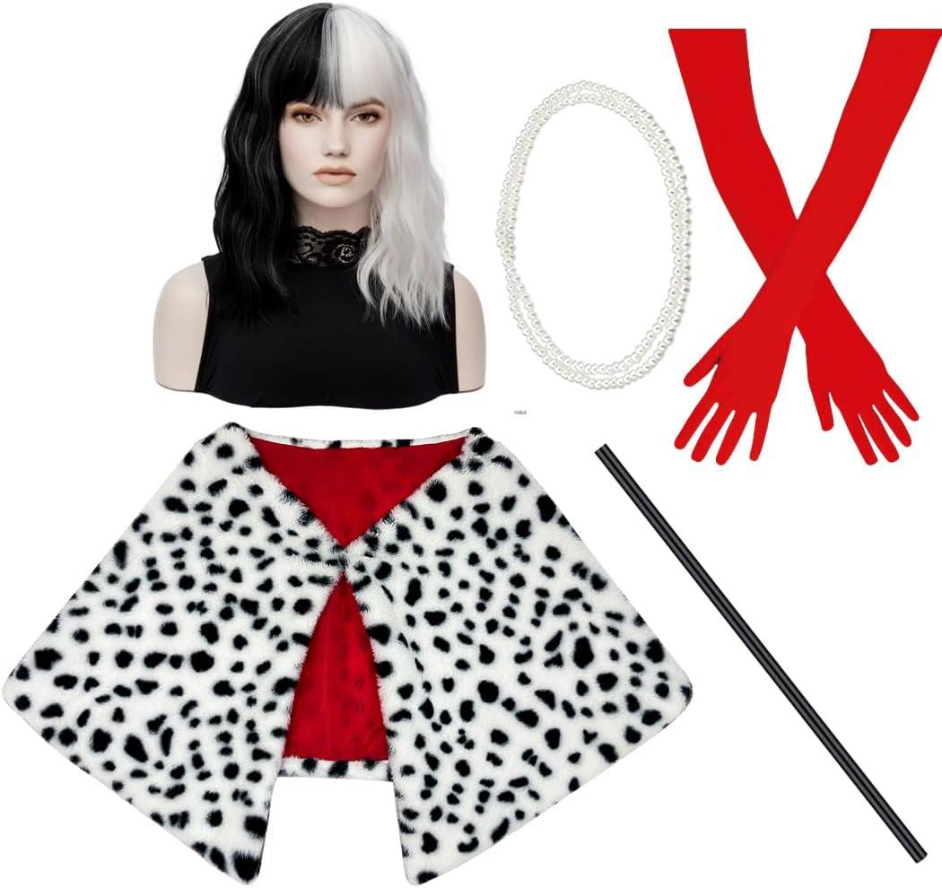6 Pcs Short Black and White Wig with Faux Shawl, Red Gloves, Costume Stick, Pearl Necklace and Wig Cap for Halloween Costume Women